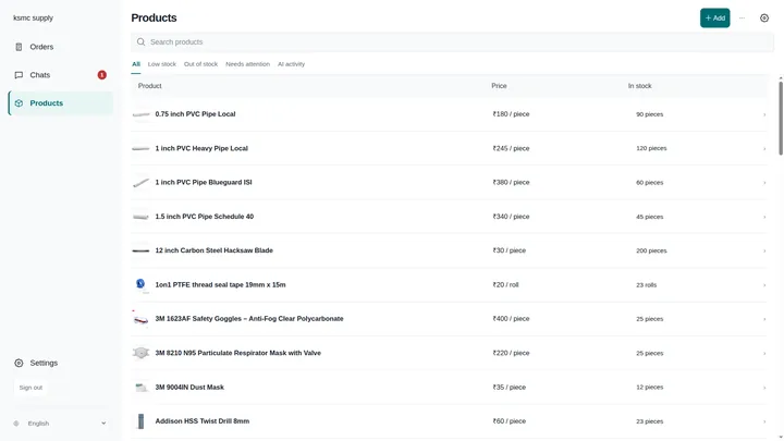 ShopBot product catalog showing products, prices, and stock
